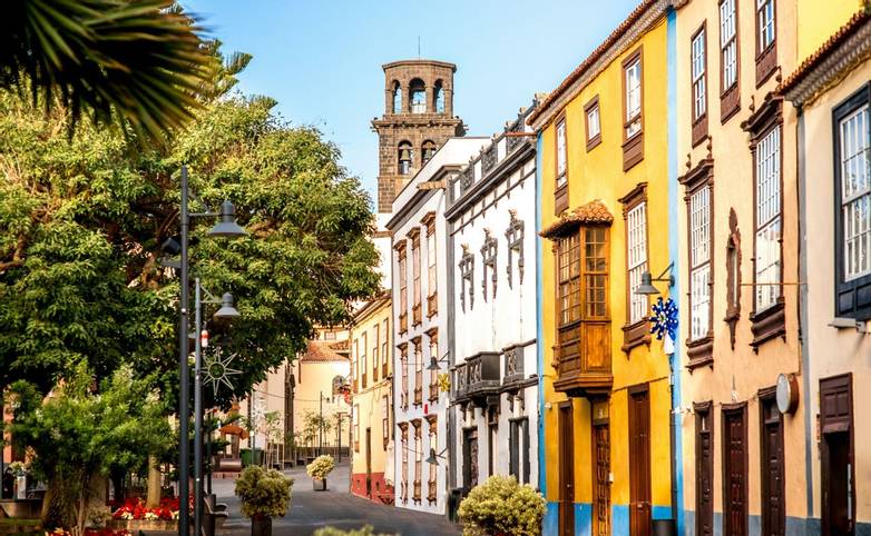 City street view with church tower in La Laguna town on Tenerife island