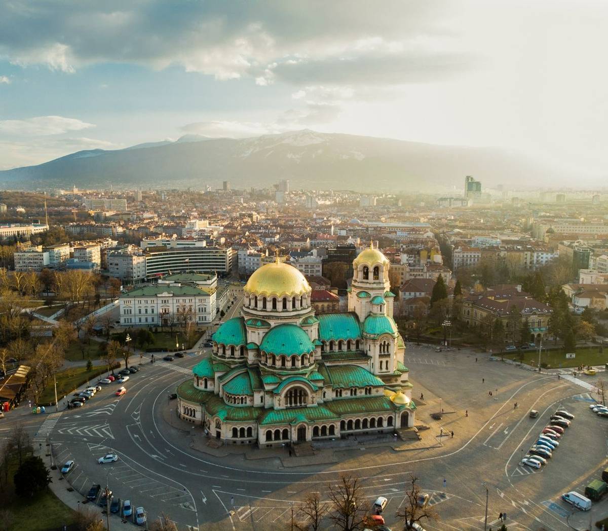 Aerial photography in the sunset by drone in Sofia, Bulgaria in the biggest Orthodox Cathedral Alexander Nevsky