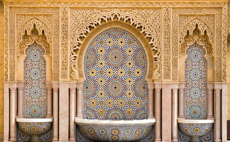 Typical moroccan tiled fountain in the city of Rabat, near the Hassan II Tower