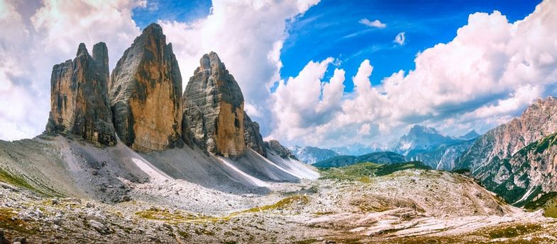 Tre Cime di Lavaredo mountain group panoramic view. Dolomiti Italian Alps, Veneto, Italy, Europe.