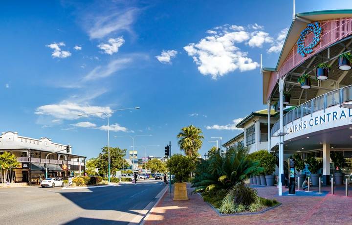 Cairns, Australia - Febreaury 13, 2020: The Cairns Central shopping centre on Bunda St in Cairns, Australia. Cairns, Australia - Febreaury 13, 2020: The Cairns Central shopping centre on Bunda St in Cairns, Australia.