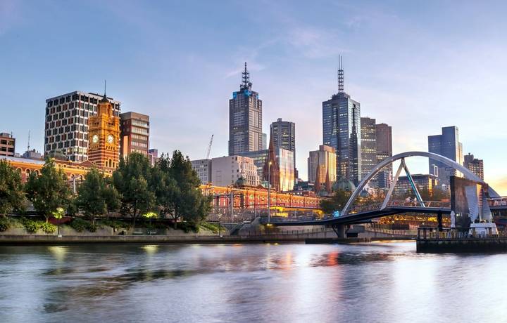 Melbourne, Australia, in early morning light. Yarra River, towards Flinders Street Station. Melbourne, Australia, in early morning light. Yarra River, towards Flinders Street Station.