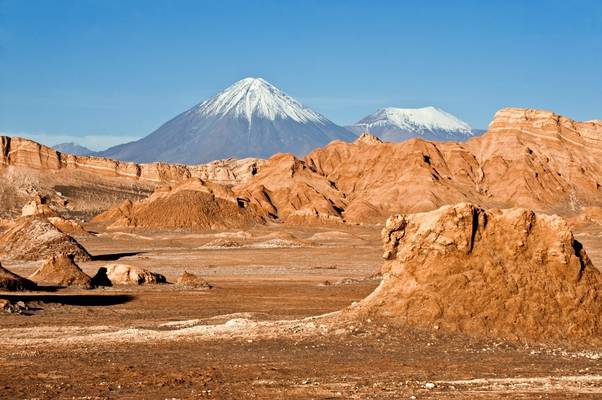 Volcanoes Licancabur and Juriques, Moon Valley, Atacama, Chile