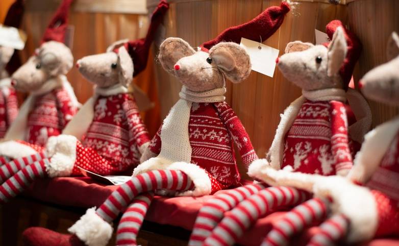 Christmas mouse ragdoll toys handmade at Christmas market stall Southampton , United Kingdom