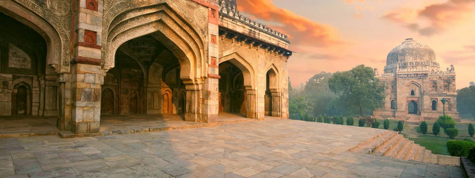 Bada Gumbad and Sheesh Gumbad Complex at early morning in Lodi Garden Monuments, Delhi, India