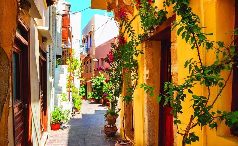 Beautiful street in Chania, Crete island, Greece. 