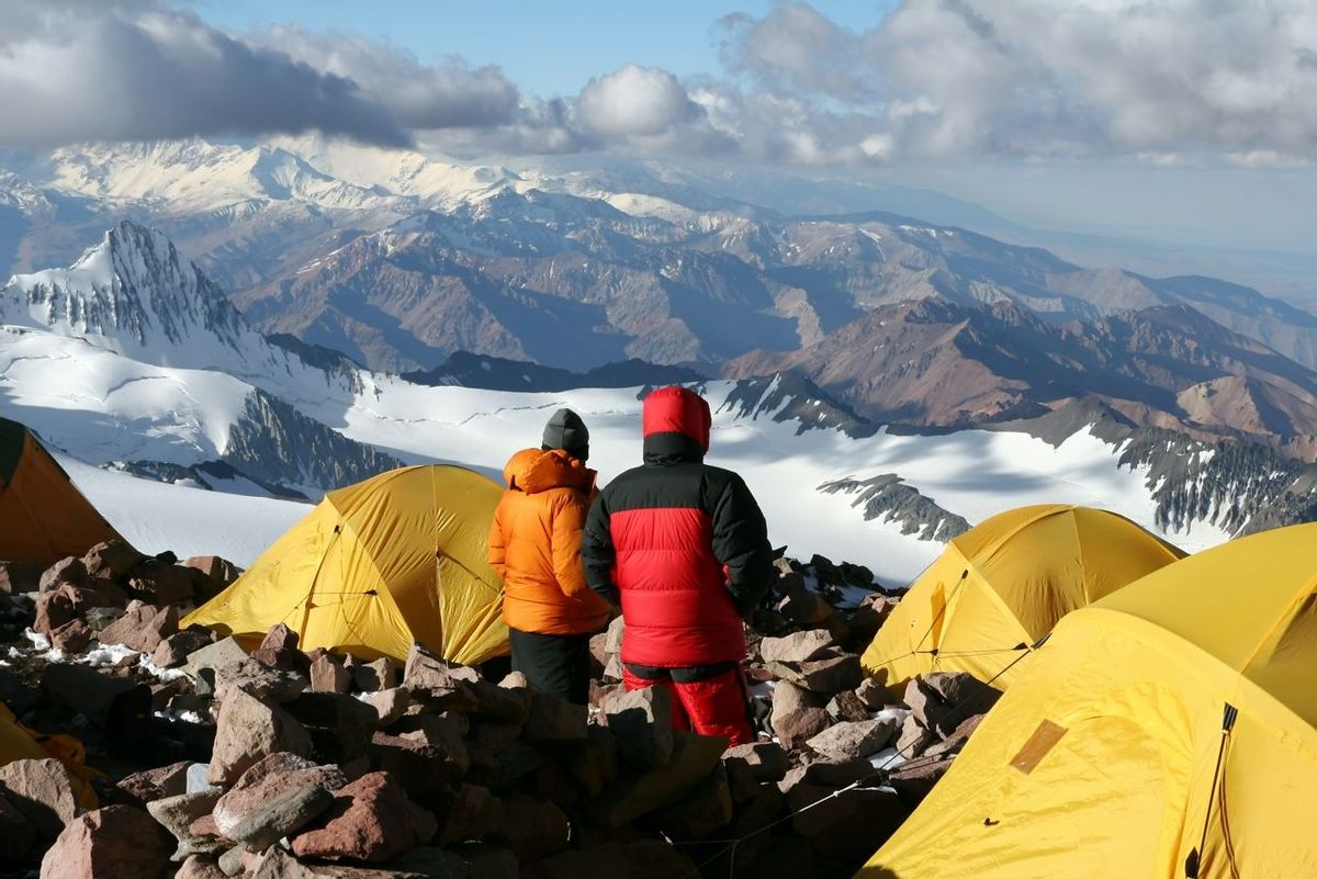 Alpine climbers acclimating at camp two of Aconcagua
