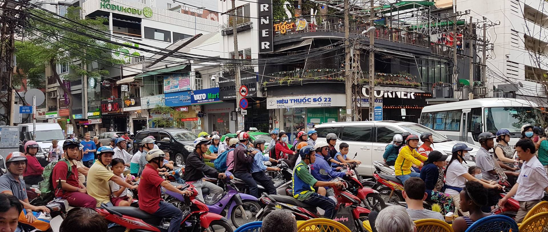 Crossing the road in Ho Chi Minh City, Vietnam 