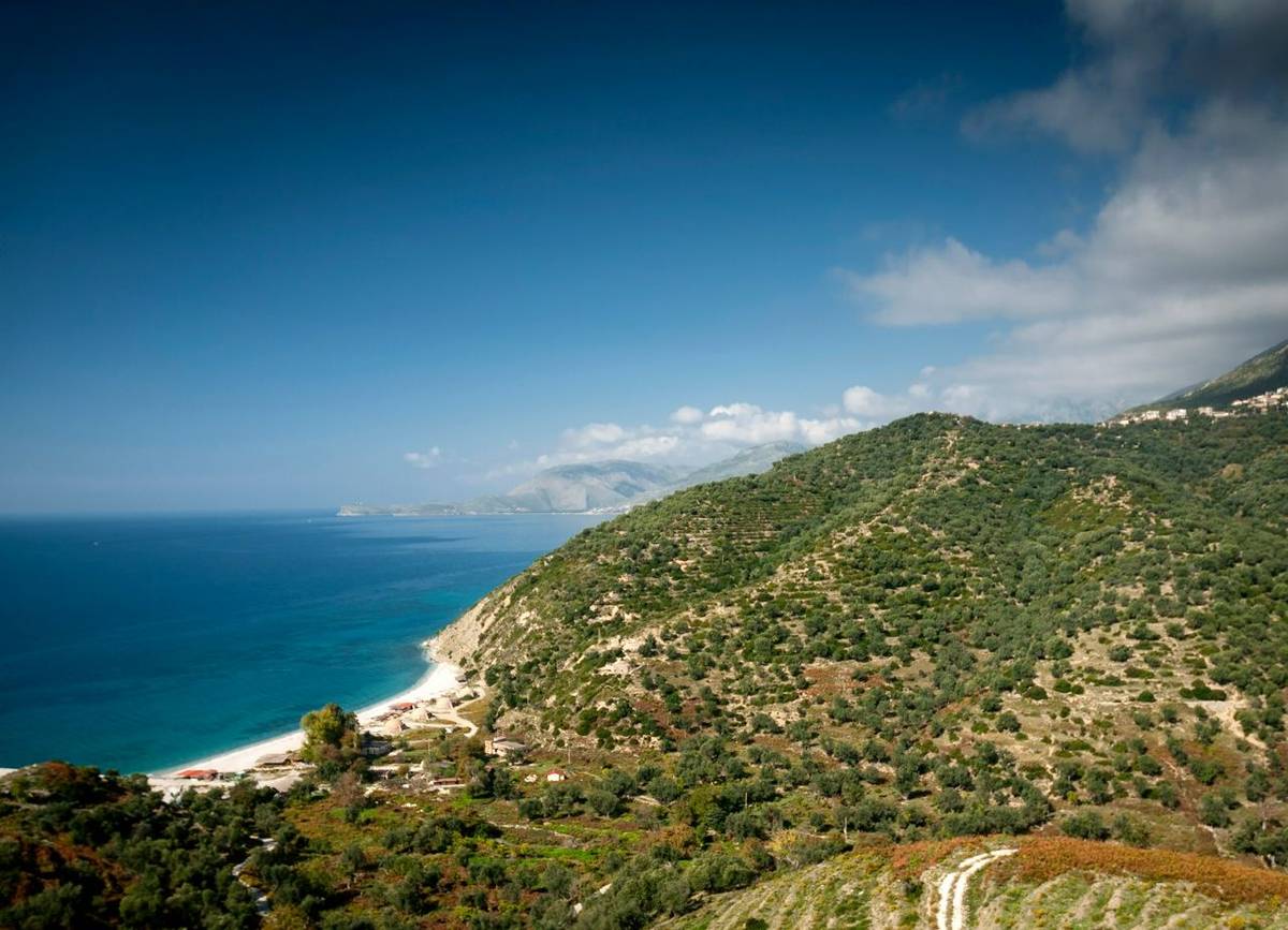 ionian mediterranean sea coast beach landscape of Southern Albania north of Sarande on road to Vlore