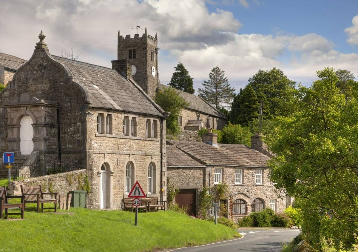 Muker village showing church, chapel and cottages, Swaledale, Yorkshire Dales, England.