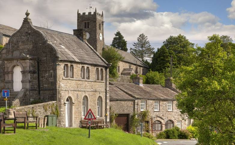 Muker village showing church, chapel and cottages, Swaledale, Yorkshire Dales, England.