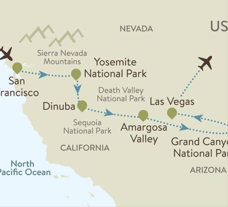 Yosemite and Grand Canyon Itinerary Map