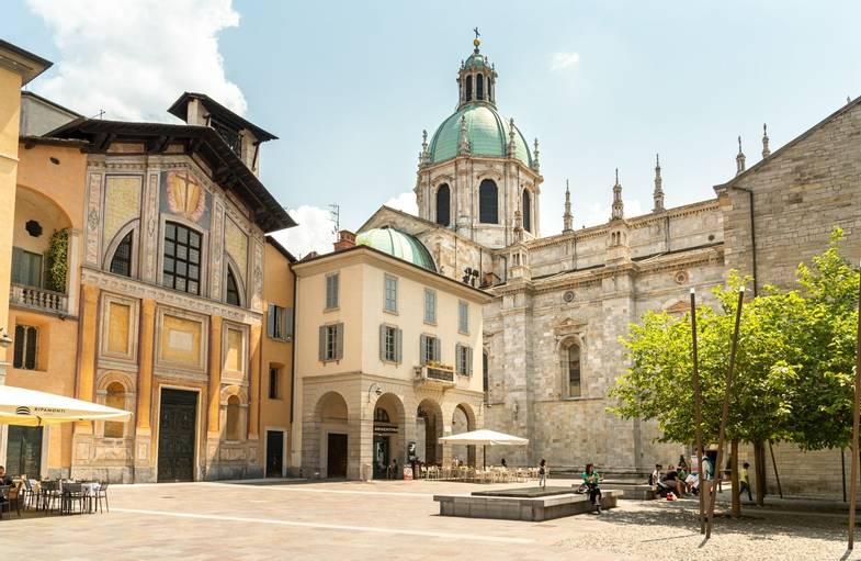 Como, Lombardy, Italy - June 18, 2019: View of Duomo square in the historic center of Como, Italy.