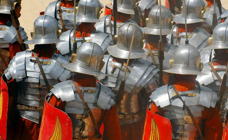 Backside of roman soldiers during Roman show in Jerash, Jordan