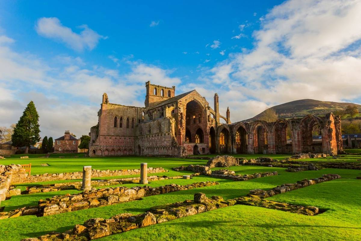 Ruins of Melrose Abbey in the Scottish Borders region in Scotland.