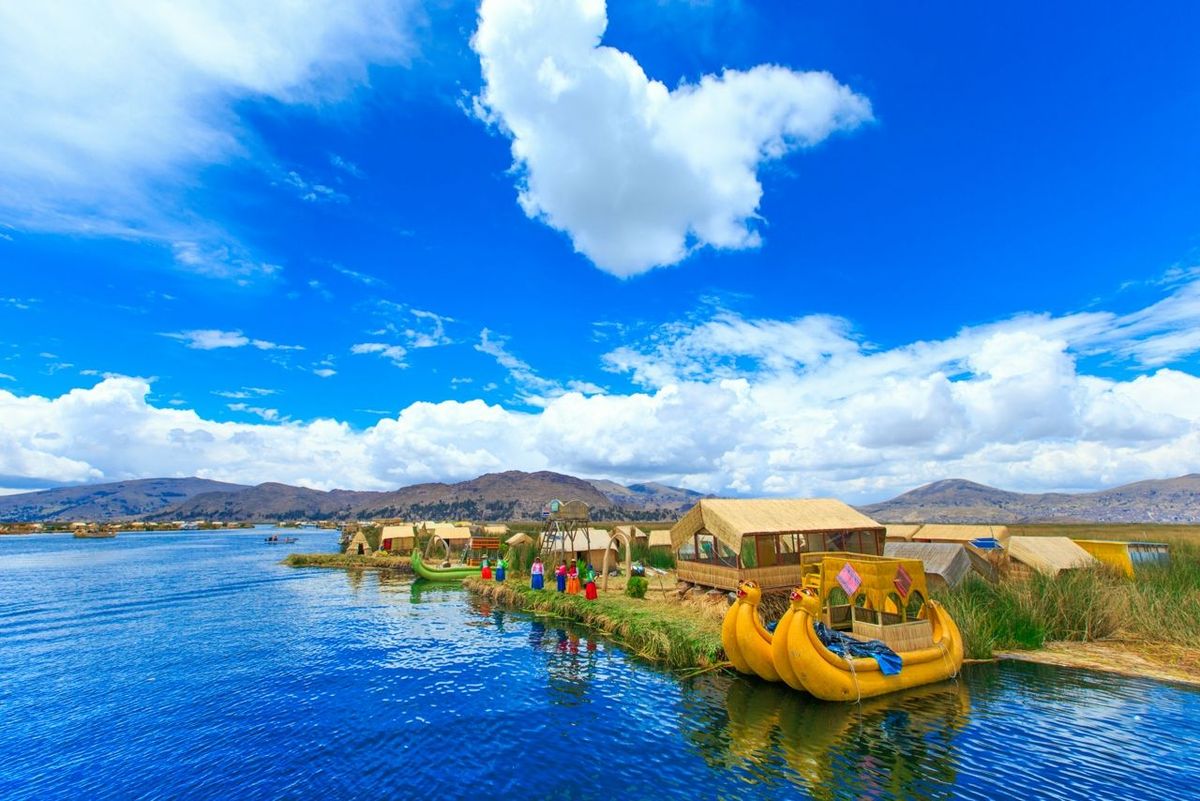 Totora boat on the Titicaca lake near Puno, Peru