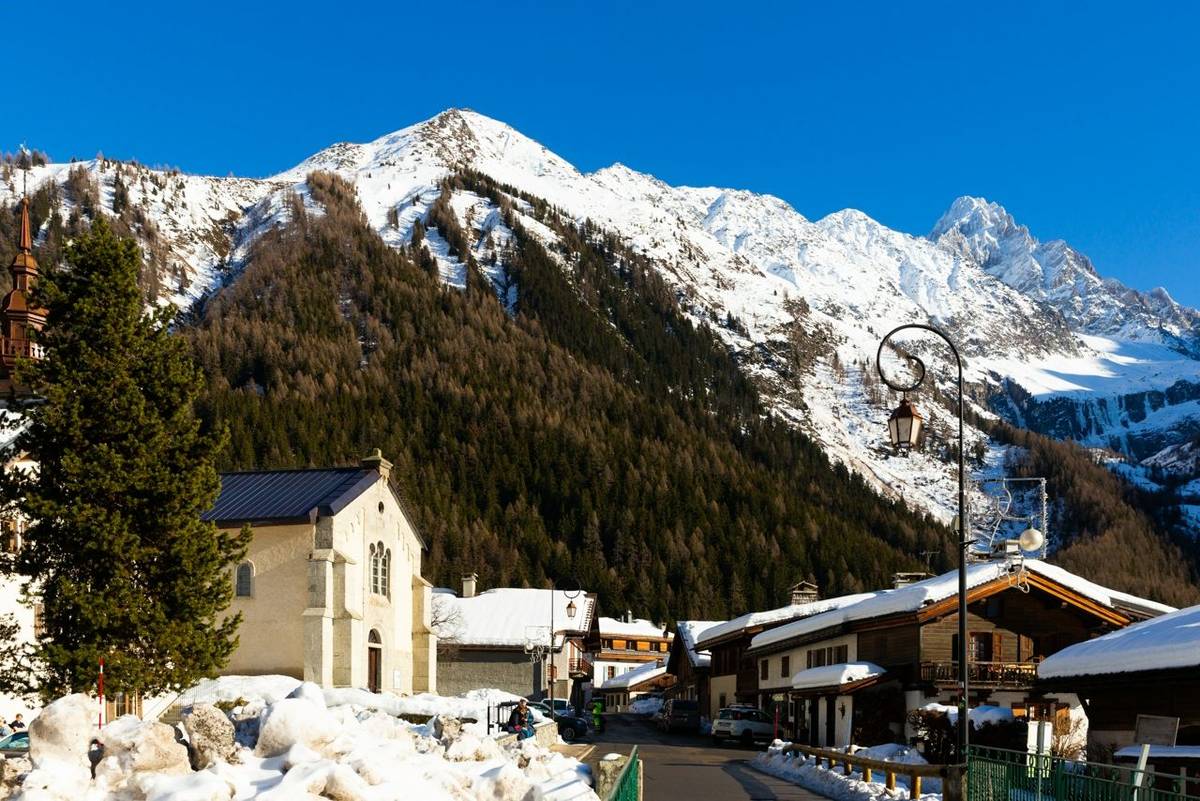 Snowy winter in Argentiere Chamonix Mont Blanc, beautiful mountain ski resort in Alps